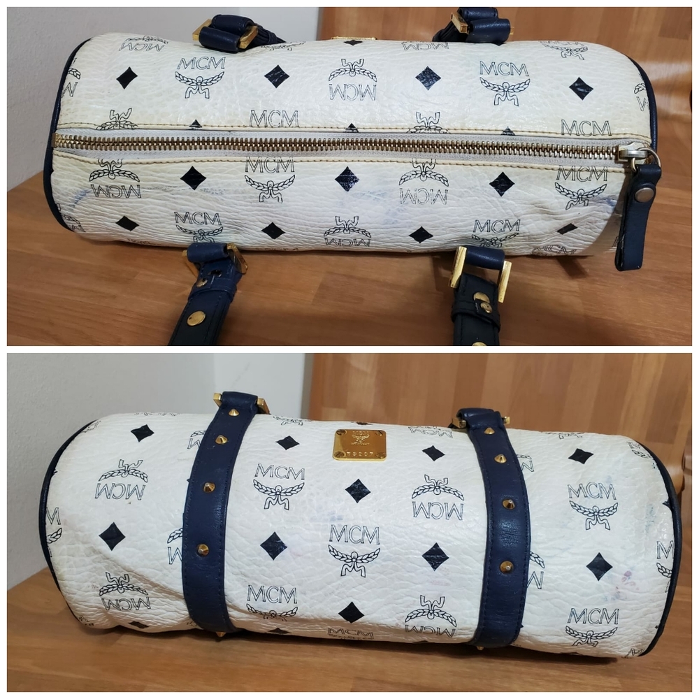 MCM Visetos White/Blue Essential Barrel Bag - Picture 6 of 9